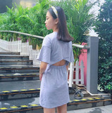 夏季女装韩版气质修身显瘦短袖A字裙小性感露腰小心机学生连衣裙