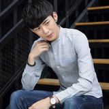 秋季长袖衬衫男长袖学生格子衬衫潮流纯色修身型韩版男士白衬衫