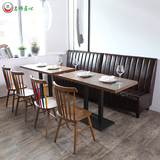 卡座沙发桌椅组合 西餐厅双人卡座沙发长餐桌 复古奶茶店实木椅子