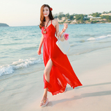 2016夏季新款开叉露背吊带雪纺连衣裙海边度假沙滩裙波西米亚长裙