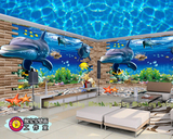 定制3D立体视觉海豚 海底世界 鱼儿 海洋馆 无纺布大型墙纸壁画