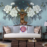 创意花卉背景墙纸欧式美式复古壁纸卧室客厅大型壁画墙布手绘麋鹿