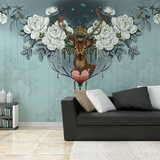 3D立体欧式复古个性麋鹿壁画客厅卧室电视背景墙手绘玫瑰花壁纸