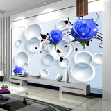 简约3D立体墙纸电视背景墙纸壁纸客厅卧室大型壁画蓝色圈圈玫瑰花