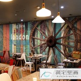 英伦复古工业风涂鸦木纹木质车轮砖纹壁画奶茶咖啡甜品店酒吧墙纸