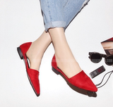 韩国代购红色平底尖头单鞋夏 磨砂包头中空平跟休闲懒人女鞋