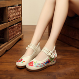 老北京女布鞋坡跟绣花鞋民族风红色高跟单鞋内增高夏季汉服鞋婚鞋