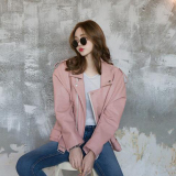 2016韩版春季粉色新款女士宽松廓形斜拉链机车夹克pu皮衣短款外套