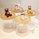 无色透明创意卡通立体小动物木盖玻璃杯茶杯水杯家用耐热牛奶杯子