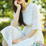 蕾丝连衣裙短袖中长款2016镂空夏装韩版修身学生女两件套显瘦长裙