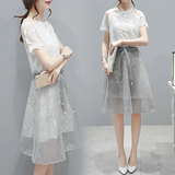 韩国女装欧根纱连衣裙中长款短袖夏季套装宽松蕾丝衫半身裙显瘦女