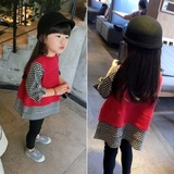 2016韩版秋装女童儿童中小童宝宝黑白格大红毛衣拼接娃娃针织衫