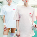 韩国进口开叉女士T恤夏季新款时尚圆领印花短袖上衣棉质宽松女装