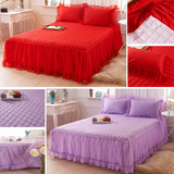包邮新品全棉韩版蕾丝公主风夹棉床裙床罩床单 大红/紫色  规格全