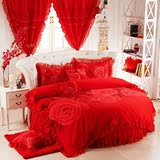 包邮 婚庆圆床蕾丝玫瑰印花2.0床裙四件套 大红结婚全棉床上用品