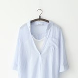 夏季七分袖衬衫女士韩版轻薄时尚V领衬衣蓝色细条纹宽松女式上衣