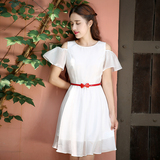 尤麦2016夏季原创新款修身蓬蓬短袖中长款白色网纱连衣裙女Y31702