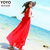 夏季海边度假旅游沙滩裙子波西米亚V领显瘦长裙红色雪纺连衣裙女