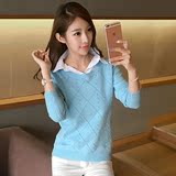 2016新款韩版纯色显瘦长袖翻领衬衫领针织衫假两件打底衫毛衣女士