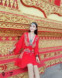 2016韩版性感复古刺绣民族风V领宽松蝙蝠袖连衣裙波西米亚度假裙