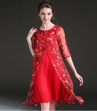 中国风2016春季女装新品 重磅优雅印花复古盘扣中长款真丝连衣裙