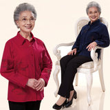 中老年妈妈装纯棉衬衫奶奶休闲长袖绣花衬衣60岁妇女加厚本命年红
