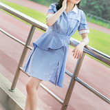 宋慧乔同款 韩版2016夏季新款短袖显瘦蓝白条纹衬衫连衣裙女修身