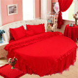 大红色圆床四件套 公主蕾丝四件套床裙床罩式 定制圆床品床裙床笠