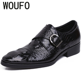 WOUFO男士英伦尖头鳄鱼纹皮鞋牛皮商务正装男鞋真皮搭扣韩版婚鞋