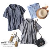日系夏季气质优雅领口钉珠宽松显瘦短袖衬衫女装日单外贸通勤上衣