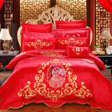 高档婚庆四件套大红全棉刺绣六件套1.8m床单结婚床上用品套件床裙