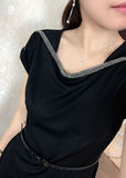 韩国连衣裙黑色夏季修身显瘦开衩重工镶钻短袖小黑裙OL收腰女大码