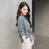 2016夏季新款女装  韩版宽松格子长袖棉麻衬衫衬衣 百搭打底上衣