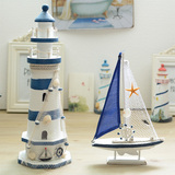 海洋风格家居装饰品手工彩绘木质灯塔帆船摆件桌面隔板摆设木船