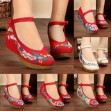 老北京女布鞋坡跟绣花鞋民族风红色高跟单鞋内增高舞蹈汉服鞋婚鞋