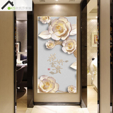玄关走廊装饰画冰晶玻璃有框画竖版过道墙中式花开富贵玫瑰金奢华