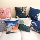 日本樱花和风日式兔子富士山冲绳办公室午睡棉麻沙发靠垫抱枕靠枕