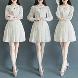 2016秋季新款白色长袖连衣裙女名媛气质短裙甜美蓬蓬裙公主裙雪纺