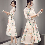2016春夏款韩版中长款不规则衬衫领印花雪纺七分袖显瘦连衣裙女