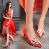 珍珠红色女结婚鞋尖头新娘平底高跟中式龙凤鞋红鞋绣花鞋大码小码