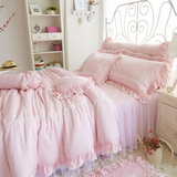 韩式公主风蕾丝床裙式夹棉四件套韩国纯粉色结婚庆床上用品1.8m床