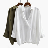 2016春装新款纯色V领九分袖白衬衫女韩范学院风蝙蝠袖衬衣女套头