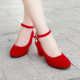 夏季红色结婚鞋新娘鞋婚礼红鞋夏天粗跟高跟女单鞋大码中跟孕妇鞋