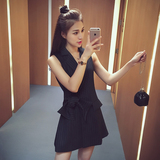 夏季新款2016韩版条纹系带无袖马甲连衣裙女纯色西装领a字短裙子