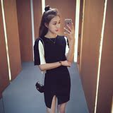 夏季新款2016韩版修身针织包裙套装女黑白拼接宽松半身裙两件套