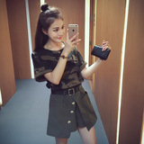 2016夏季新款韩版时尚迷彩套装裙女短袖T恤上衣+半身短裙裤两件套