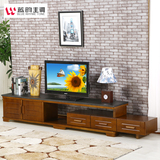 新品火烧石电视柜现代实木橡木茶几电视柜组合可伸缩大理石电视柜