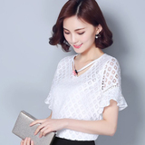 2016夏季韩版v领装饰蕾丝短袖上衣 淑女甜美荷叶边喇叭袖雪纺衫