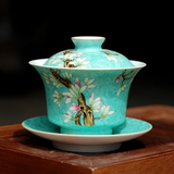 景德镇手工陶瓷茶具手绘扎道扒花粉彩玉兰花描金盖碗仿古功夫茶具