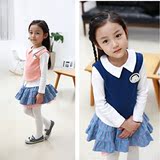 儿童装2016新款韩版女童套装春秋装学院风纯棉长袖T恤短裙两件套